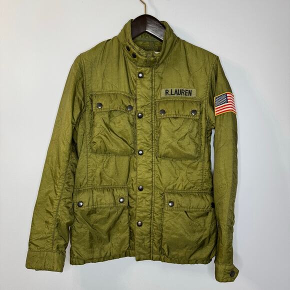 Ralph Lauren Green Jacket RRL Polo Quilted Military Utility USA Flag Patch Sz S - Picture 1 of 9